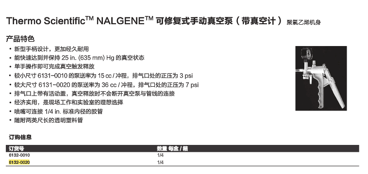 Nalgene可修复式手动真空泵（带压力表）6132-0020