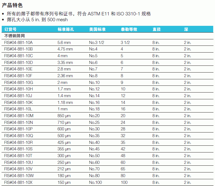 Fisherbrand_04-881EE_美国标准测试筛_黄铜筛网     45um筛孔