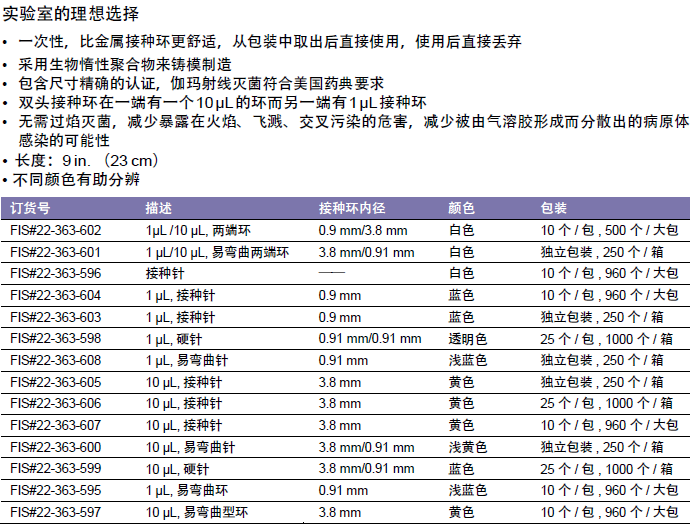 Fisherbrand_22-363-597_一次性接种环和接种针_10μL  易弯曲型环  内径3.8mm  黄色