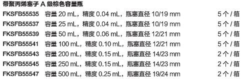 Fisherbrand_FB55547_棕色容量瓶_玻璃  200ml  棕色  NS 14/23   A级 带聚乙烯塞子 箱=2个