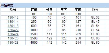 普兰德/brand_130428_方形试剂瓶_HDPE  4000ml  广口   GL W 80   PP材质  1个